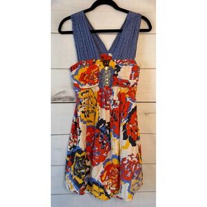 Prairie New York Silk Floral Mini Dress Multi-Color Rhinestone V-Neck Womens XS